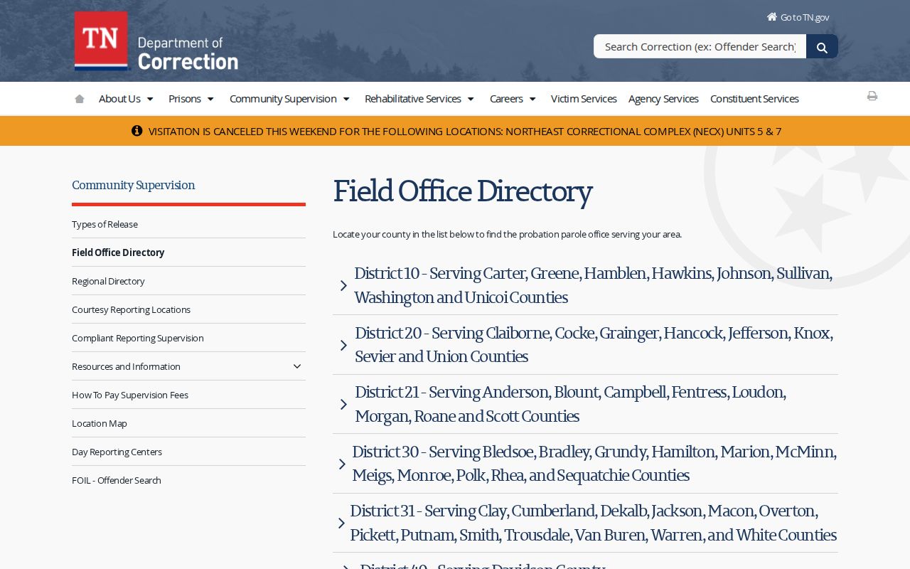 District 31 office directory for White County parole and probation supervision