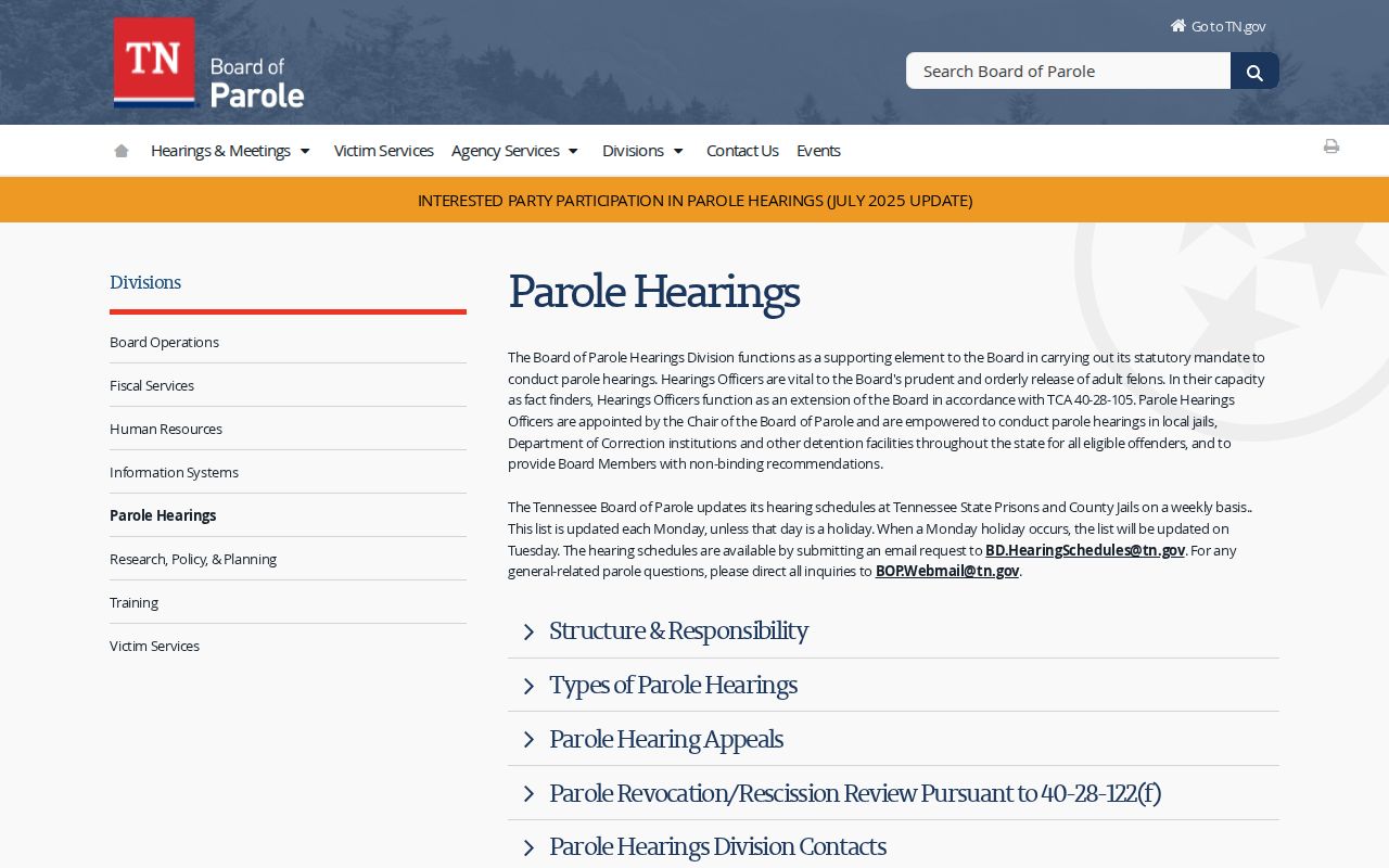 Tennessee Board hearing schedule information for White County parole records