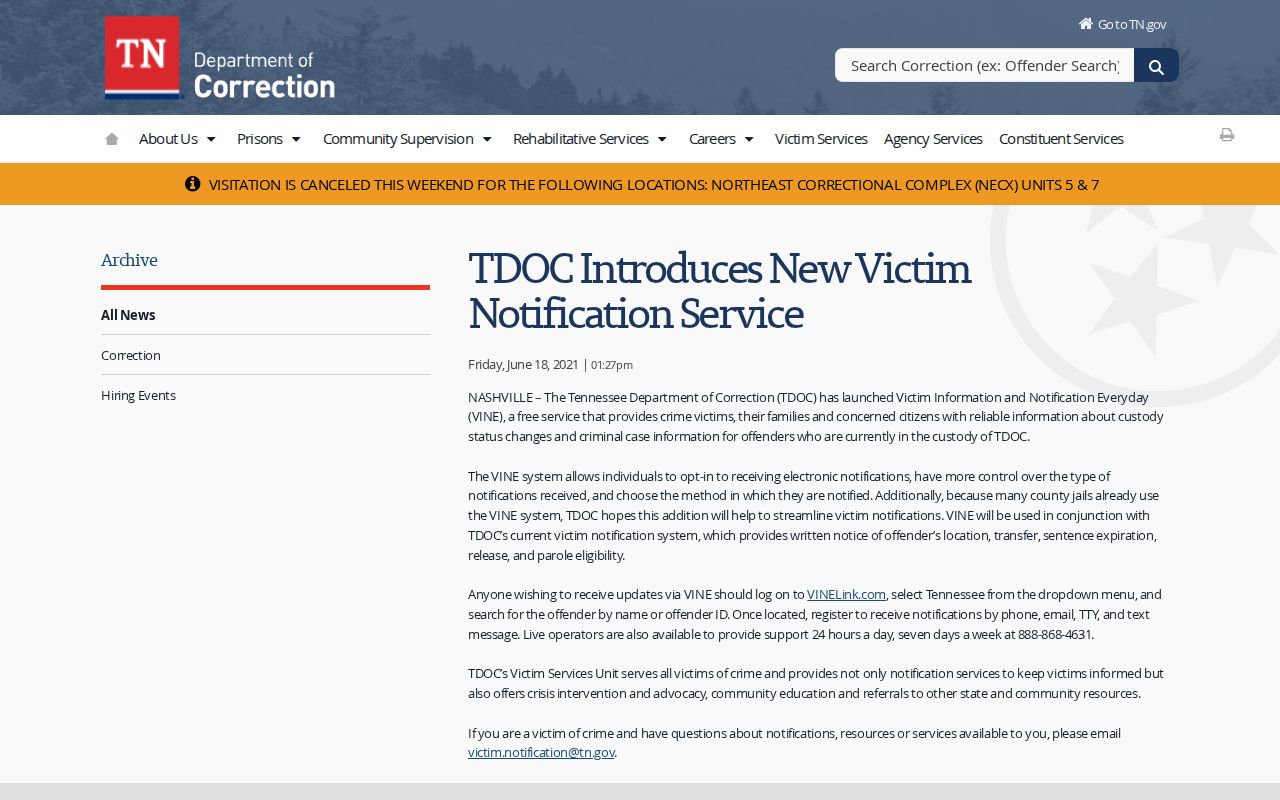 Tennessee VINE support and White County release notification methods