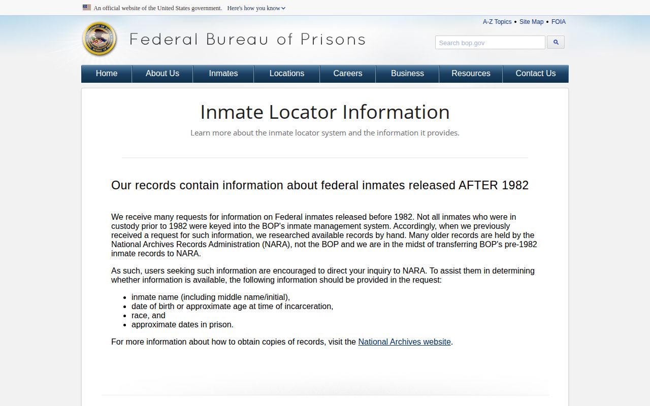 BOP explanation of federal released inmate records serving White County